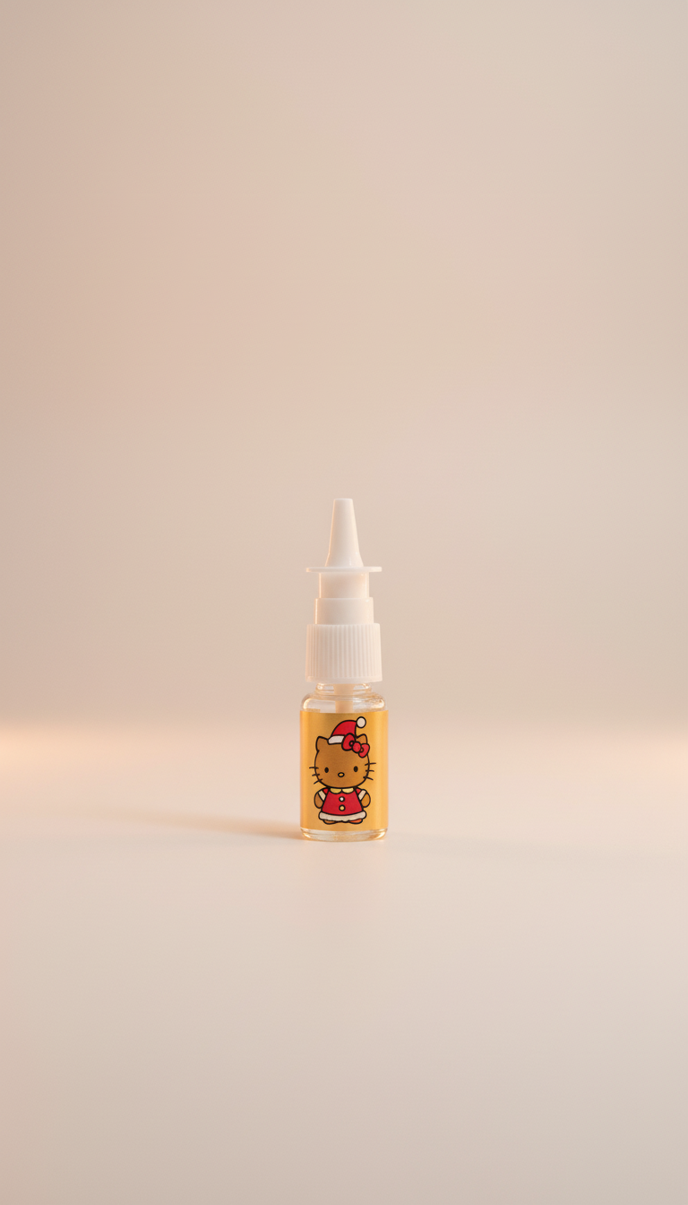 Mello Santa nässpray för brunare look, liten glasflaska med vit sprayapplikator och illustrerad tomtefigur.